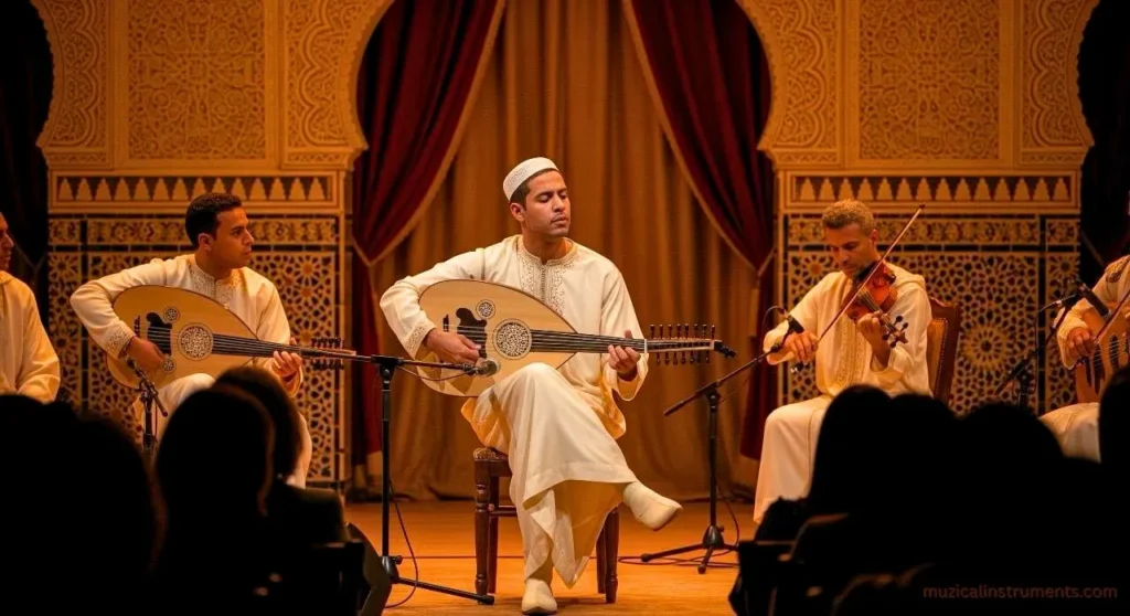 A musician is playing the Kwitra in an Andalusian performance