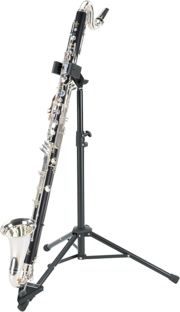 The German-made K&M 15060 bass clarinet stand with its adjustable support bracket.