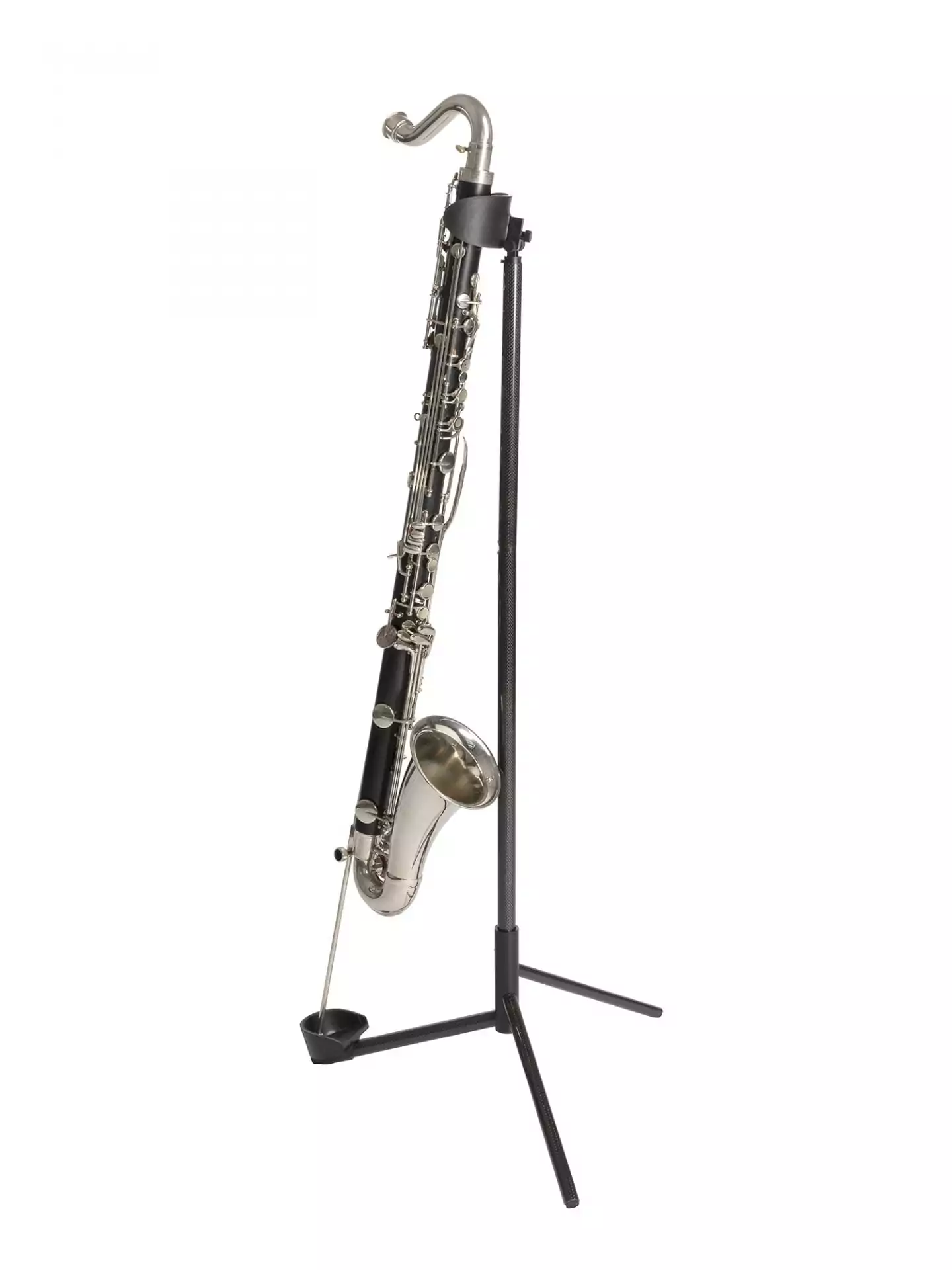 The ultralight Woodwind Design Carbon Fiber bass clarinet stand on its base.